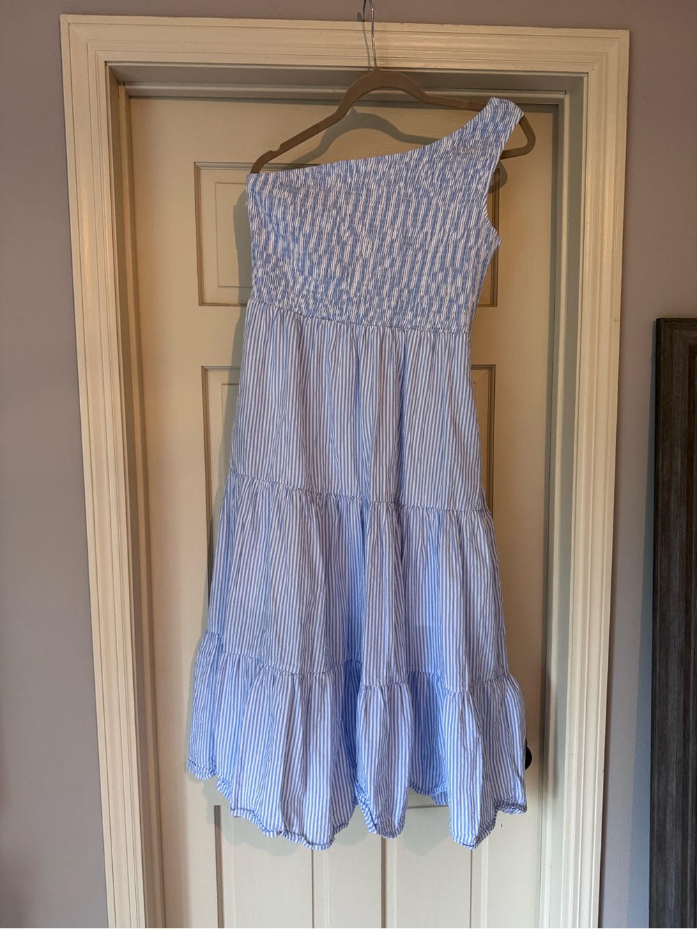 Amazon One-Shoulder Blue and White Striped Tiered Dress